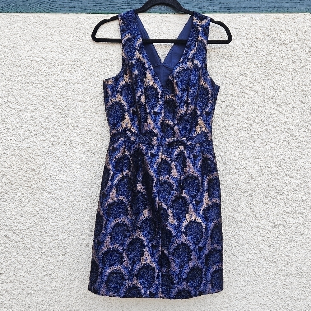 NWT J. Crew Factory Peacock Jacquard metallic dress blue black copper pockets 2